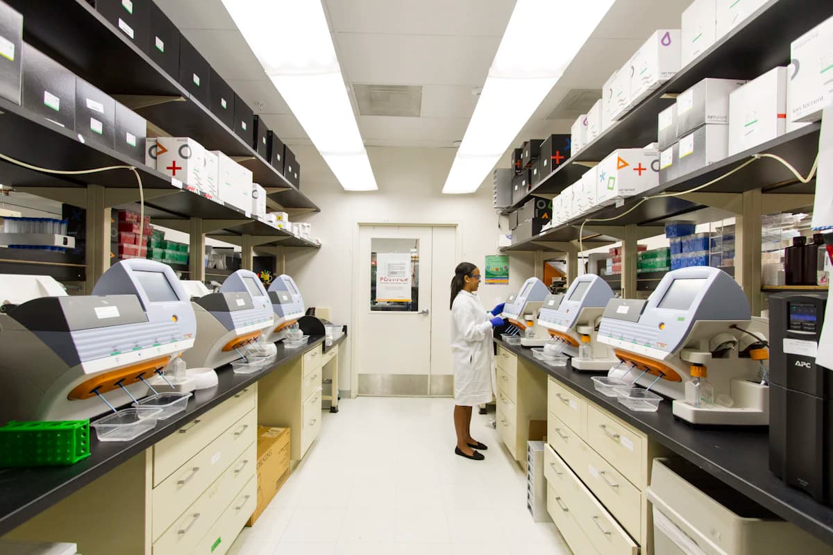 Laboratory technician working between rows of analyzers